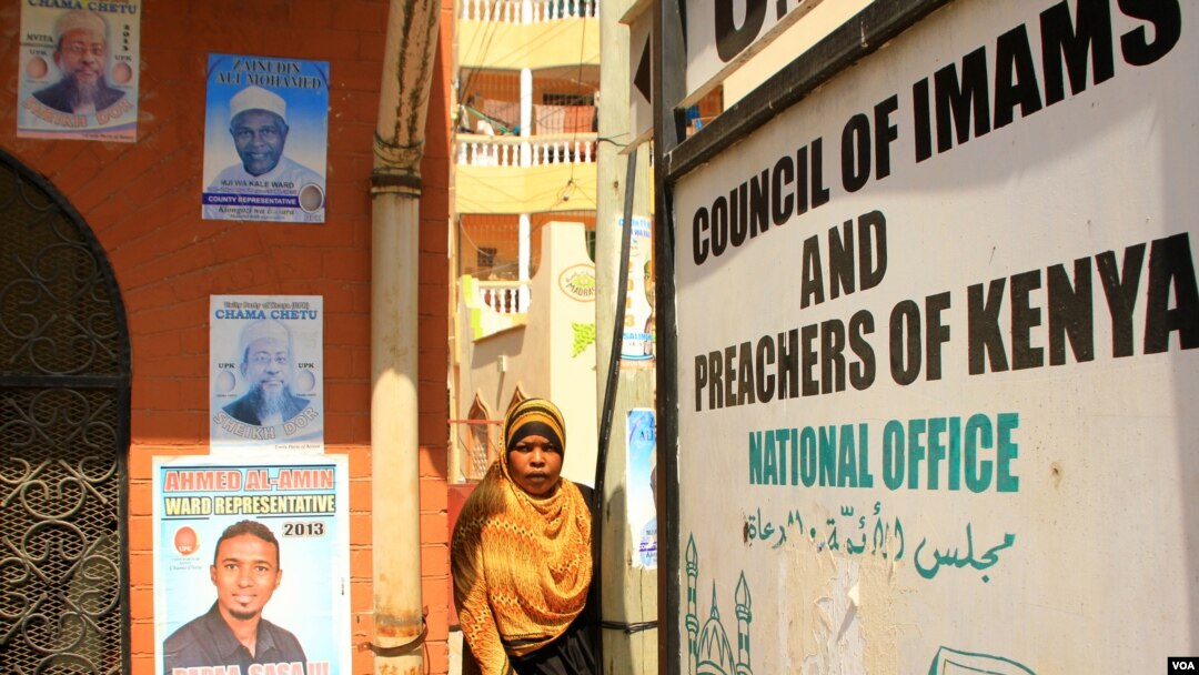 Campaign posters are seen on exterior walls of the office of the Council of Imams and Preachers of Kenya in Mombasa February 21, 2013 (J. Craig/VOA).