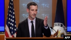 US State Department spokesman Ned Price speaks during a press briefing at the State Department in Washington, DC, on February 9, 2021. (Photo by OLIVIER DOULIERY / POOL / AFP)