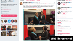 羅斯-雷提南眾議員在她的推特上發出的在台北會晤台灣總統蔡英文的圖片和文字。