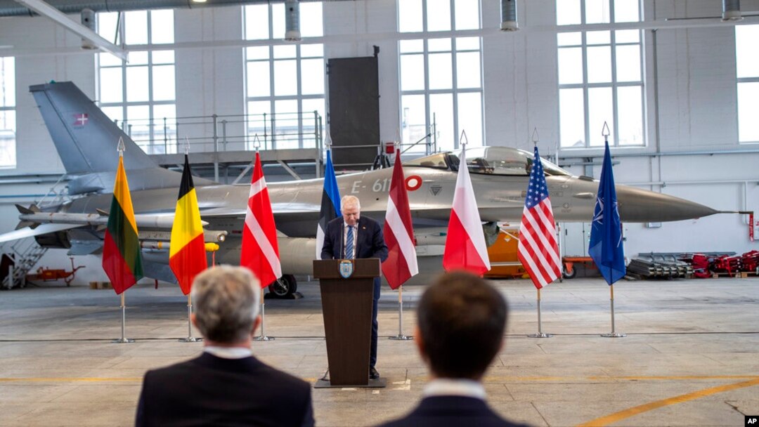 FILE - Lithuania's Minister of National Defense Arvydas Anusauskas speaks during a press conference during the welcome ceremony for the reinforcement of the NATO Air Policing Mission at the Siauliai military air force base, in Lithuania, Jan. 28, 2022. 