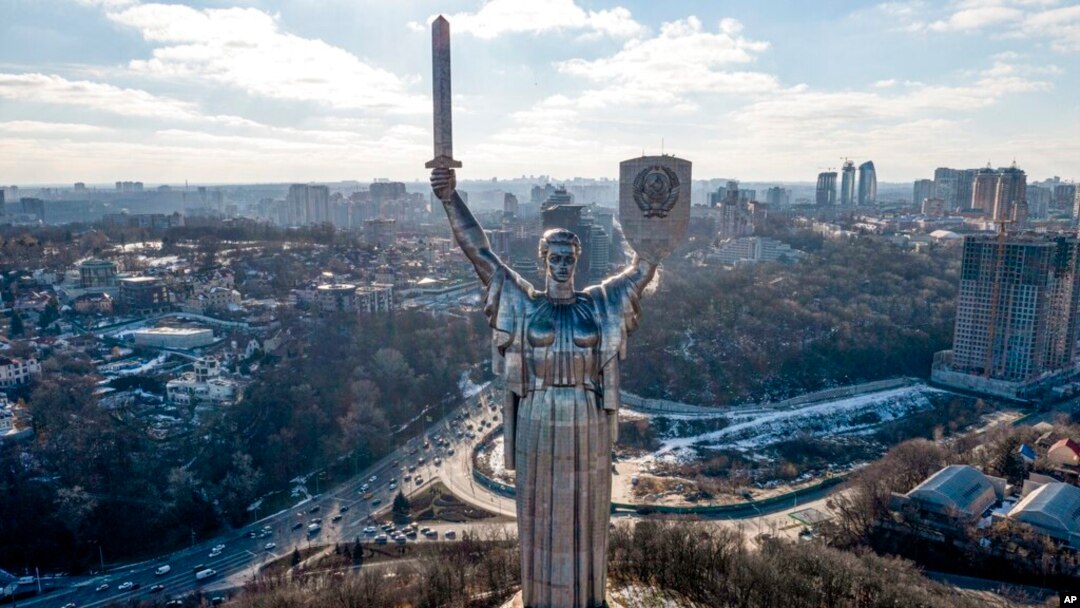 A view of Ukraine's the Motherland Monument in Kyiv, Feb. 13, 2022. 