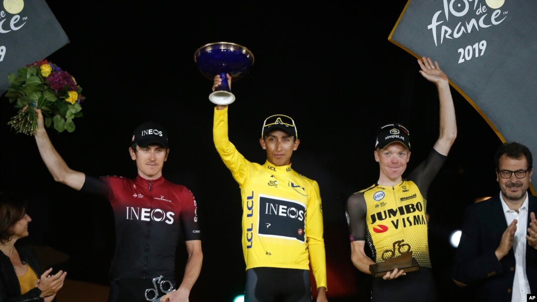 Colombia's Egan Bernal wearing the overall leader's yellow jersey climbs toward Val Thorens during the twentieth stage of the Tour de France cycling, July 27, 2019.