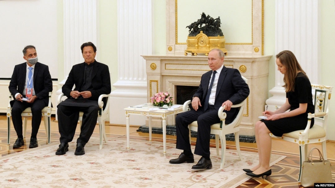 FILE - Russian President Vladimir Putin meets with Pakistan's Prime Minister Imran Khan in Moscow, Russia, Feb. 24, 2022. (Sputnik/Mikhail Klimentyev/Kremlin via Reuters)