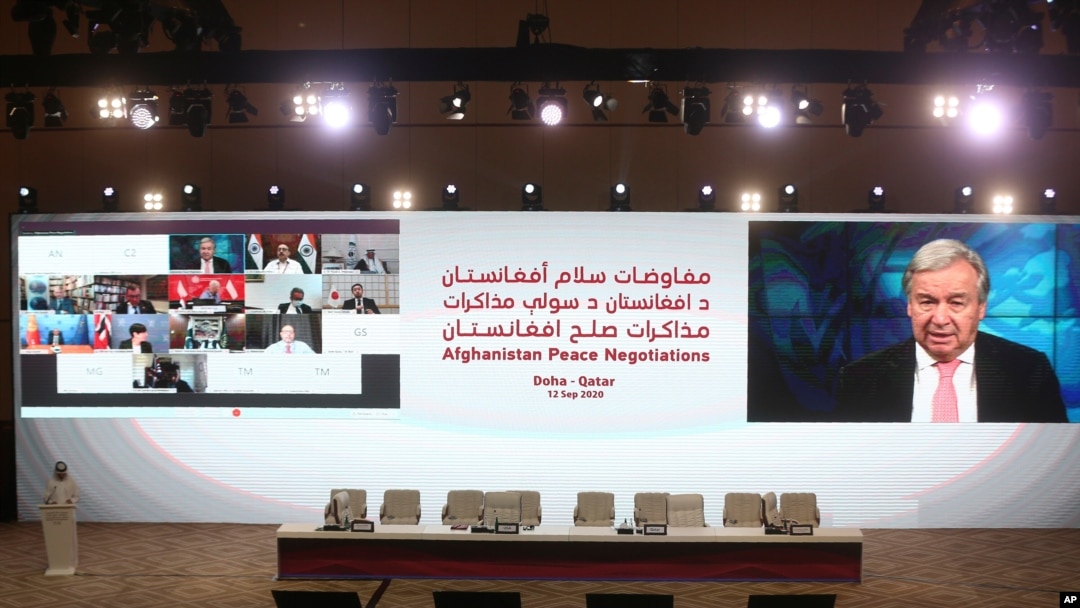 U.N. Secretary-General Antonio Guterres delivers a speech, via video call, at the opening session of the peace talks between the Afghan government and the Taliban in Doha, Qatar, Sept. 12, 2020.