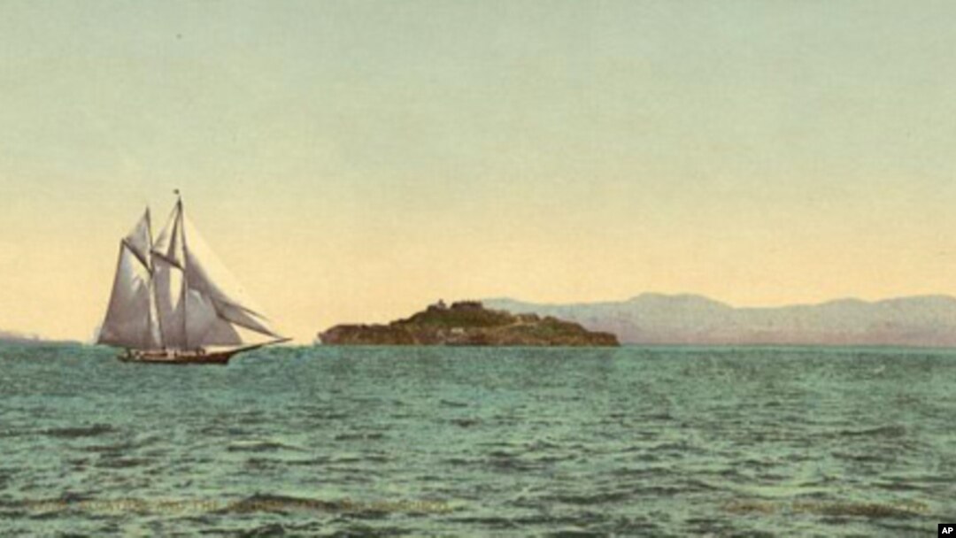 About 1900, the Detroit Publishing Co. made a postcard out this view of Alcatraz Island, which was then a military prison.