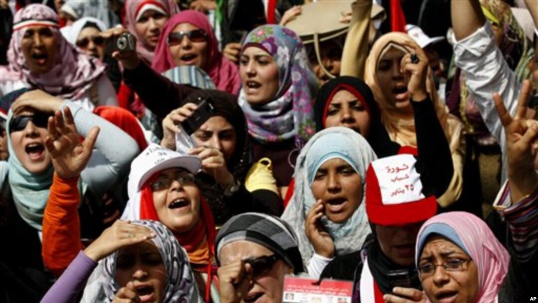 Egyptian women chant slogans as they attend a demonstration in Tahrir Square in Cairo, Egypt, April 1, 2011
