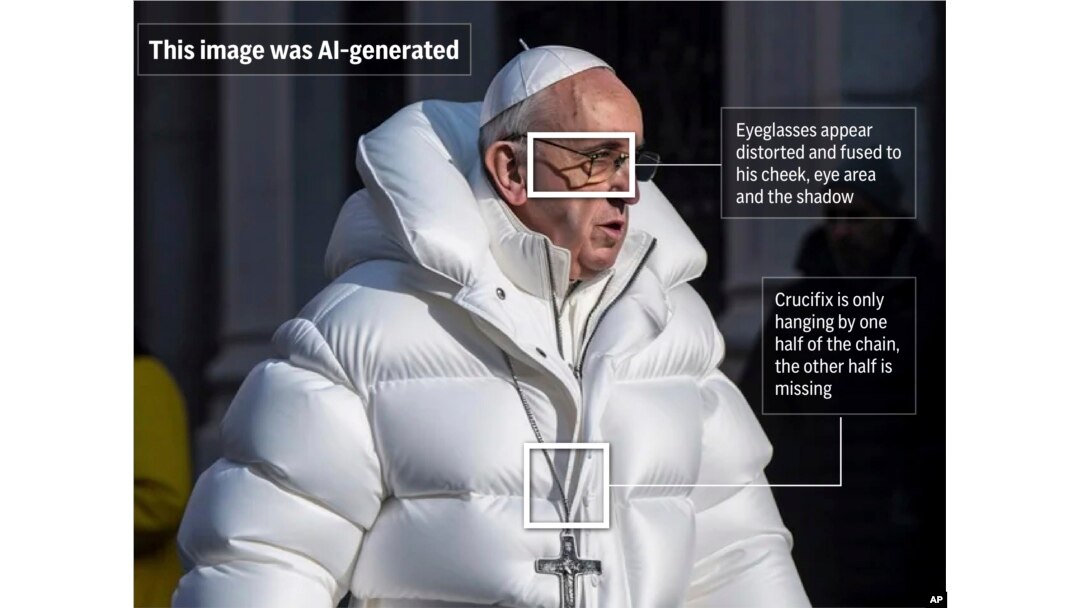 The following photo-illustrated graphic highlights a few notable areas of an AI-deepfake of Pope Francis. (AP)