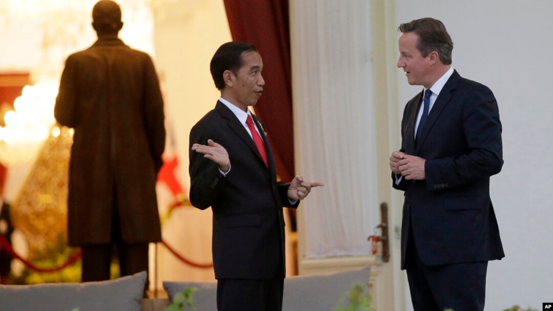 Britain's Prime Minister David Cameron, right, talks with Indonesian President Joko Widodo at the presidential palace in Jakarta, Indonesia, July 27, 2015.